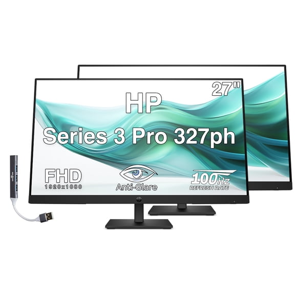 HP Series 3 Pro 327ph 27" FHD IPS Monitor with 5ms Response Time, Anti-Glare, Flicker Free, VESA Mount (100mm), Displayport, HDMI & Dockztorm USB Port Expander, Black Color (B0CG8UT#ABA) 2 Pack