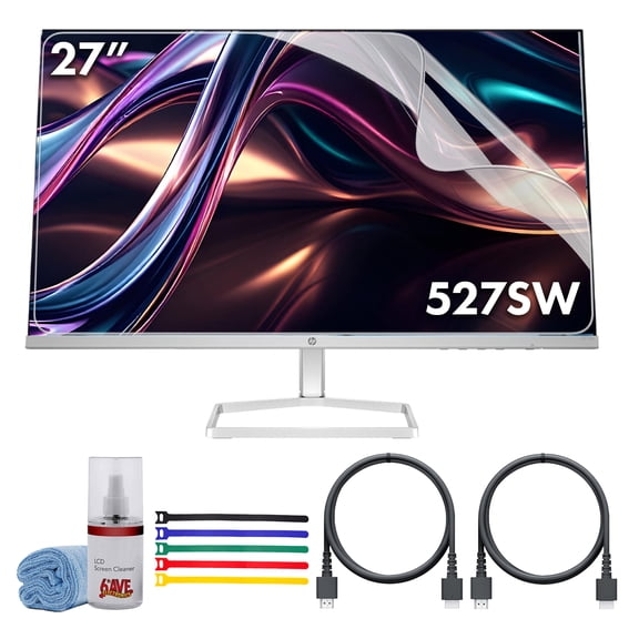 HP Series 5 27 inch FHD White Monitor Bundle Including: 3x HDMI Cable, Surge Protector, Cable Ties, Screen Cleaning Kit, Screen Protector