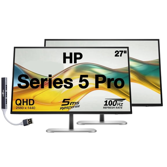 HP Series 5 Pro 27" QHD IPS Monitor With 5ms Response Time, Anti Glare, Flicker Free, 350 Brightness Nits, VESA Mount (100mm), Displayport, HDMI & Dockztorm USB Port Expander, Silver/Black, 2 Pack