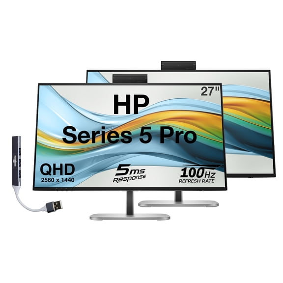 HP Series 5 Pro 27" QHD IPS Monitor With 5ms Response Time, Anti Glare, Flicker Free, 350 Brightness Nits, VESA Mount (100mm), Displayport, HDMI & Dockztorm USB Port Expander, Jet Black Color, 2 Pack