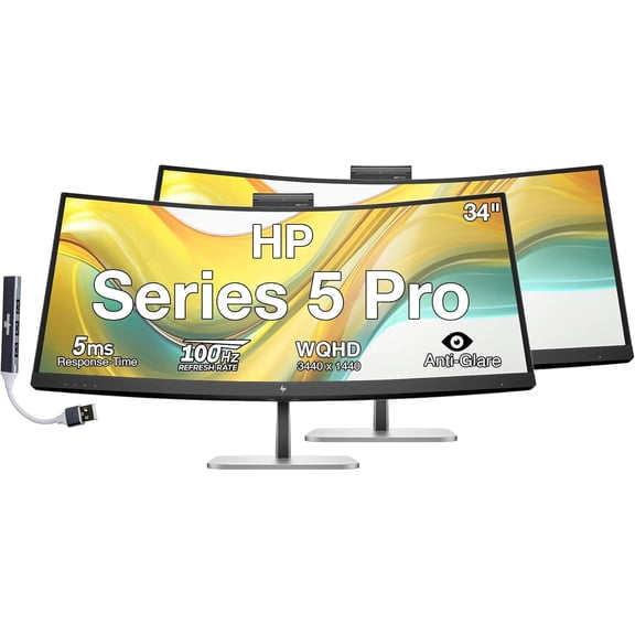 HP Series 5 Pro 34" WQHD VA Monitor with 5ms Response Time, Anti Glare, Flicker Free, 400 Nits Brightness, VESA Mount (100mm), Displayport, HDMI & Dockztorm USB Port Expander, Black/Silver 2 Pack