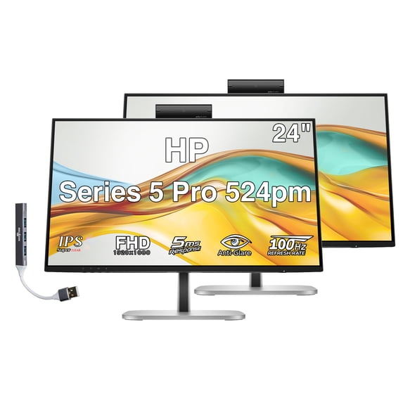 HP Series 5 Pro 524pm 24" FHD IPS Monitor with 5ms Response Time, Anti-Glare, Flicker Free, VESA Mount (100mm), Displayport, HDMI & Dockztorm USB Port Expander, Black/Silver (9E0G9UT#ABA) 2 Pack