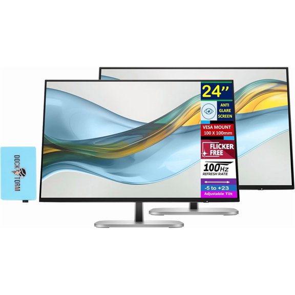 HP Series 5 Pro 524pn 24" WUXGA IPS Monitor with 5ms Response Time, Anti Glare, Flicker Free, VESA Mount (100mm), Displayport, HDMI & Dockztorm USB Port Expander, Black/Silver (9D9A7AA#ABA) 2 Pack