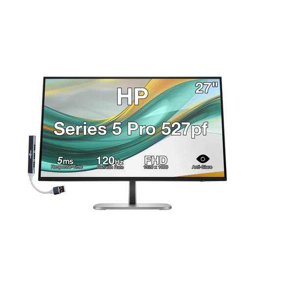 HP Series 5 Pro 527pf 27" FHD IPS Monitor With 5ms Response Time, Anti Glare, Flicker Free, VESA Mount (100mm), Displayport, HDMI & Dockztorm USB Port Expander, Black Color (B28F5UT#ABA)