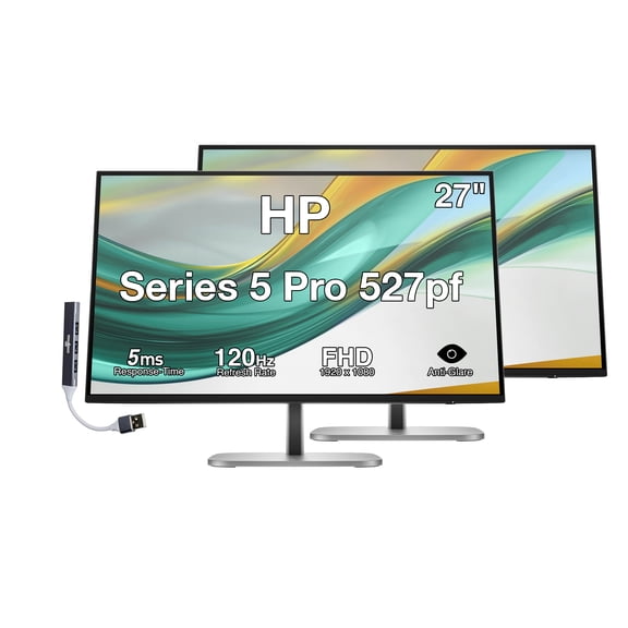 HP Series 5 Pro 527pf 27" FHD IPS Monitor With 5ms Response Time, Anti Glare, Flicker Free, VESA Mount (100mm), Displayport, HDMI & Dockztorm USB Port Expander, Black (B28F5UT#ABA) 2 Pack