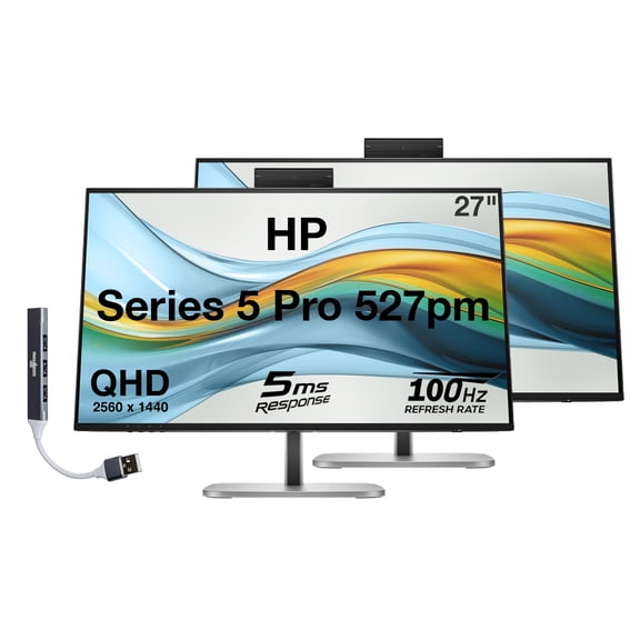 HP Series 5 Pro 527pm 27" QHD IPS Monitor With 5ms Response Time, Anti Glare, Flicker Free, Pivot, VESA Mount (100mm), Displayport, HDMI & Dockztorm USB Port Expander, Jet Black (9E0Y9UT#ABA) 2 Pack