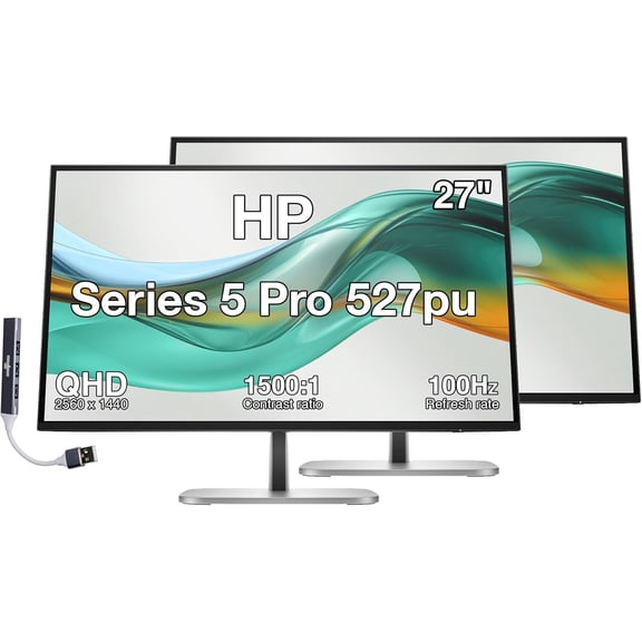 HP Series 5 Pro 527pu 27" QHD IPS Monitor with 5ms Response Time, Anti Glare, Flicker Free, Tilt, VESA Mount (100mm), Displayport, HDMI & Dockztorm USB Port Expander, Black/Silver (9E0G5AA#ABA) 2Pack