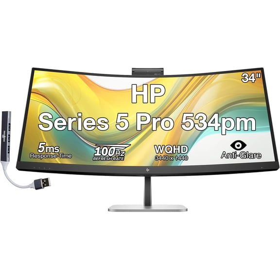 HP Series 5 Pro 534pm 34" WQHD VA Monitor with 5ms Response Time, Anti Glare, Flicker Free, VESA Mount (100mm), Displayport, HDMI & Dockztorm USB Port Expander, Black/Silver (9E0Z2UT#ABA)