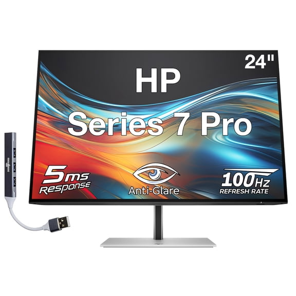 HP Series 7 Pro 24" WUXGA IPS Monitor with 5ms Response Time, Anti-Glare, Flicker Free, 350 nits Brightness, VESA Mount (100mm), Displayport, HDMI & Dockztorm USB Port Expander, Black/Silver