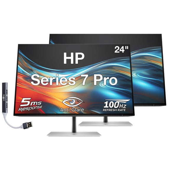 HP Series 7 Pro 24" WUXGA IPS Monitor with 5ms Response Time, Anti-Glare, Flicker Free, 350 nits Brightness, VESA Mount (100mm), Displayport, HDMI & Dockztorm USB Port Expander, Black/Silver 2 Pack
