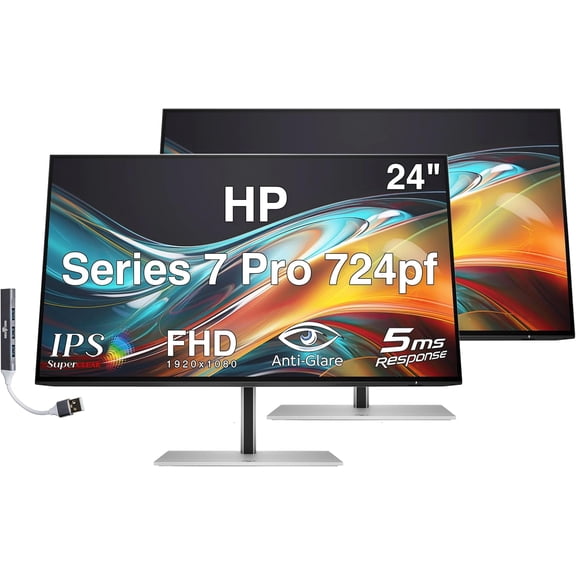 HP Series 7 Pro 724pf 24" FHD IPS Monitor with 5ms Response Time, Anti-Glare, Flicker Free, VESA Mount (100mm), Displayport, HDMI & Dockztorm USB Port Expander, Black/Silver (8X530AA#ABA) 2 Pack