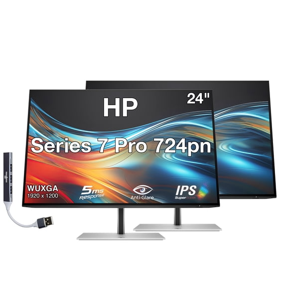 HP Series 7 Pro 724pn 24" WUXGA IPS Monitor With 5ms Response Time, Anti Glare, Flicker Free, VESA Mount (100mm), Displayport, HDMI & Dockztorm USB Port Expander, Black/Silver (8X534AA#ABA) 2 Pack
