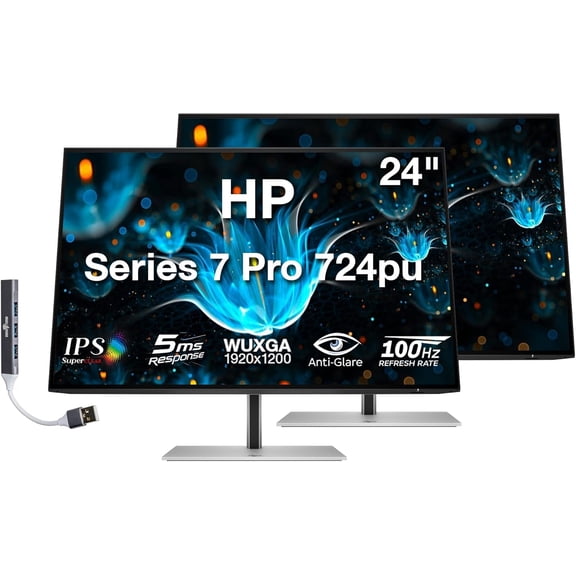 HP Series 7 Pro 724pu 24" WUXGA IPS Monitor with 5ms Response Time, Anti-Glare, Flicker Free, VESA Mount (100mm), Displayport, HDMI & Dockztorm USB Port Expander, Black/Silver (8Y2F7AA#ABA) 2 Pack