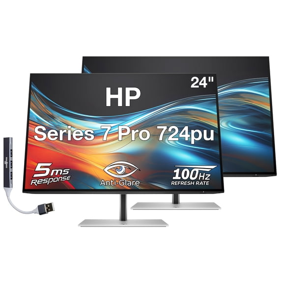 HP Series 7 Pro 724pu 24" WUXGA IPS Monitor with 5ms Response Time, Anti-Glare, Flicker Free, VESA Mount (100mm), Displayport, HDMI & Dockztorm USB Port Expander, Black/Silver (8Y2F7AA#ABA) 2 Pack