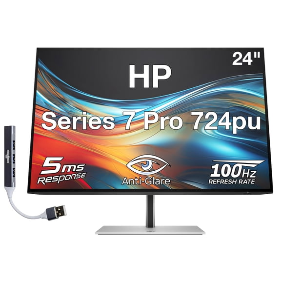 HP Series 7 Pro 724pu 24" WUXGA IPS Monitor with 5ms Response Time, Anti-Glare, Flicker Free, VESA Mount (100mm), Displayport, HDMI & Dockztorm USB Port Expander, Black/Silver (8Y2F7AA#ABA)