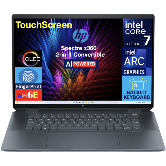 HP Spectre x360 AI Powered 2-in-1 Laptop 16.0in Touchscreen OLED 2.8K Display (Intel Ultra 7-155H, 32GB LPDDR5X, 1TB PCIe SSD, Backlit KB, Fingerprint, 2 Thunderbolt 4, WiFi 6E, Webcam, Win 11 Home)