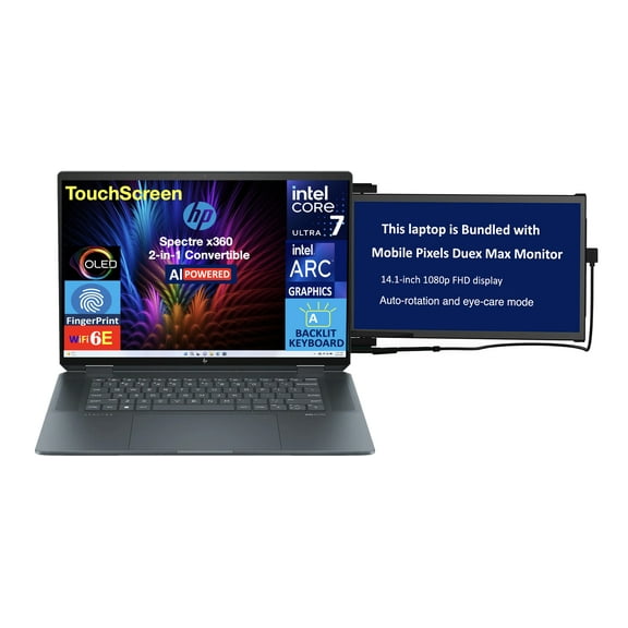 HP Spectre x360 AI Powered 2-in-1 Laptop 16.0in Touchscreen OLED 2.8K Display (Intel Ultra 7-155H, 32GB LPDDR5X, 2TB PCIe SSD, Backlit KB, Fingerprint, Win 11 Home) w/Duex Max DS Monitor