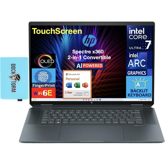 HP Spectre x360 AI Powered 2-in-1 Laptop 16.0in Touchscreen OLED 2.8K Display (Intel Ultra 7-155H, 32GB LPDDR5X, 2TB PCIe SSD, Backlit KB, Win 11 Pro) w/Microsoft 365 Personal , DKZ USB Port Expander