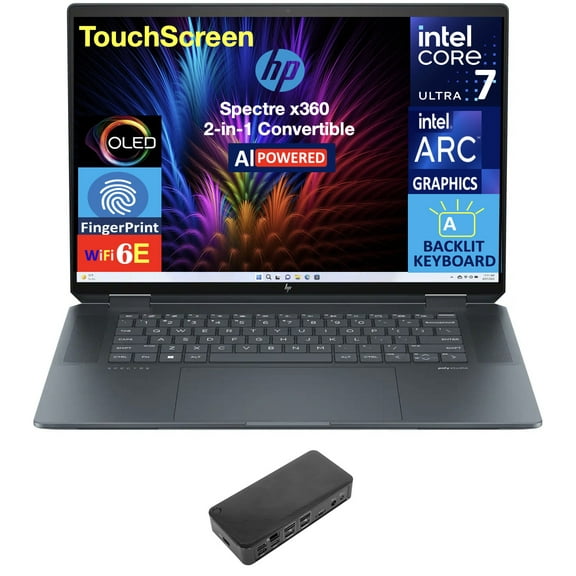 HP Spectre x360 AI Powered 2-in-1 Laptop 16.0in Touchscreen OLED 2.8K Display (Intel Ultra 7-155H, 32GB LPDDR5X, 4TB PCIe SSD, Backlit KB, Fingerprint, 2 Thunderbolt 4, Win 11 Home) w/USB-C Dock