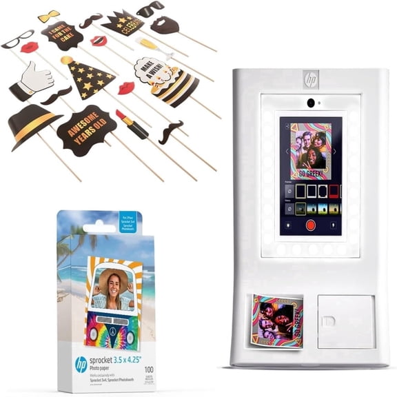 HP Sprocket Photo Booth Instant Printer Kit (White), 100 Zink Paper, 25pc Birthday Party Props