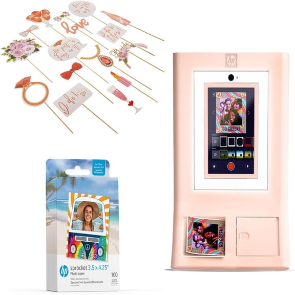HP Sprocket Photo Booth Instant Color Printer + 100 Zink Sheets + Bridal Props (Pink)