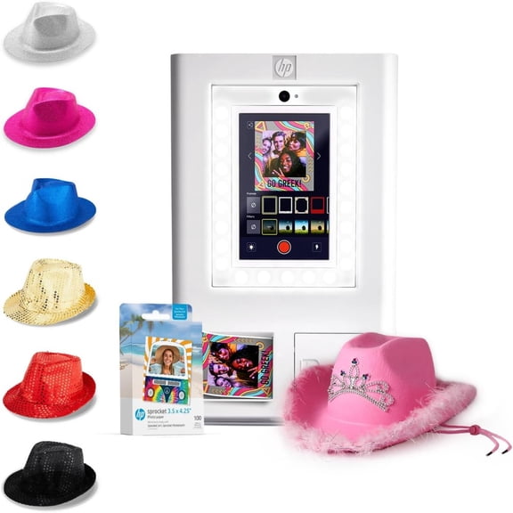 HP Sprocket Photo Booth Instant Color Printer + 100 Zink Sheets + Hat Bundle (White)