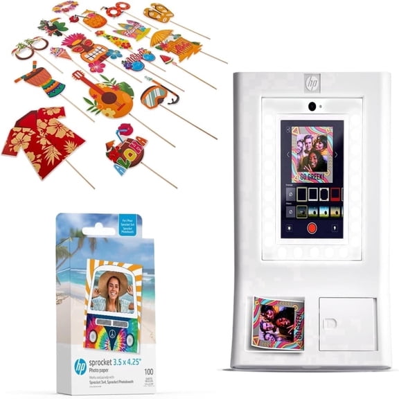 HP Sprocket Photo Booth Instant Printer Kit (White), 100 Zink Paper, 30pc Luau Party Props