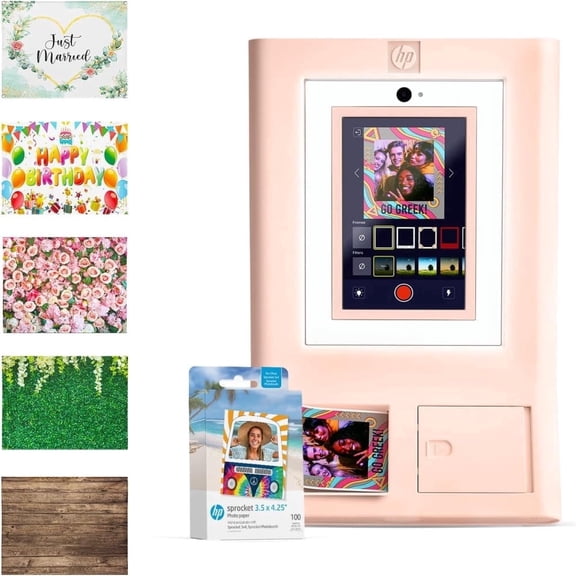 HP Sprocket Photo Booth Instant Printer Kit (Pink), 100 Zink Paper, 5 Wall Photo Backdrops Bundle