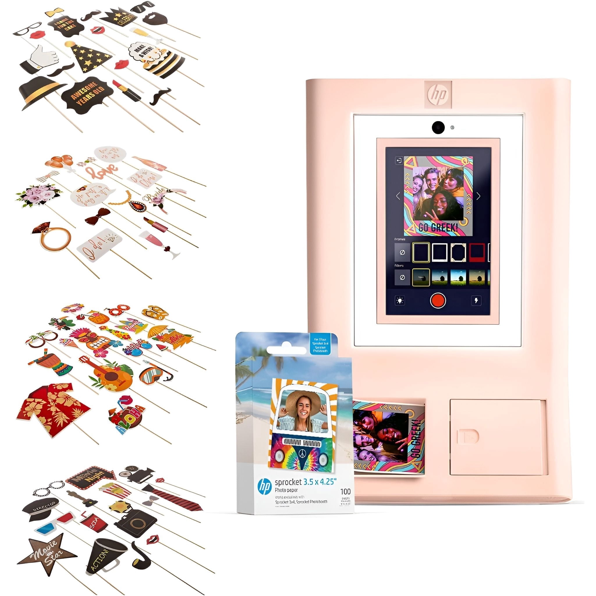 HP Sprocket Photo Booth Instant Printer Kit (Pink), 100 Zink Paper, 93pc Party Props Bundle