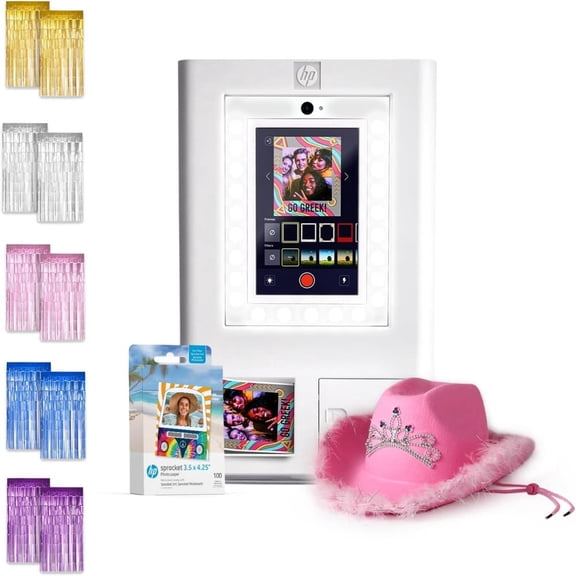 HP Sprocket Photo Booth Instant Printer Kit (White), 100 Zink Paper, 10 Foil Backdrops & Cowboy Hat