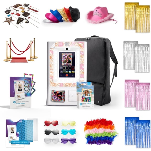 HP Sprocket Photo Booth Printer Bundle with 100 Paper Case Props Hats Foil Backdrop (White)