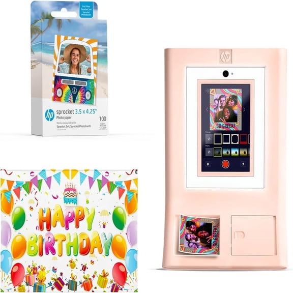 HP Sprocket Photo Booth Printer Kit (Pink), Color Instant Prints, 100 Zink Paper, Birthday Backdrop