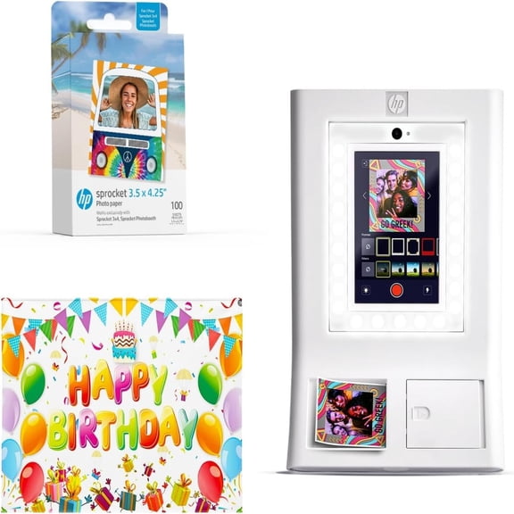 HP Sprocket Photo Booth Printer Bundle with 100 Zink Paper Birthday Backdrop (White)