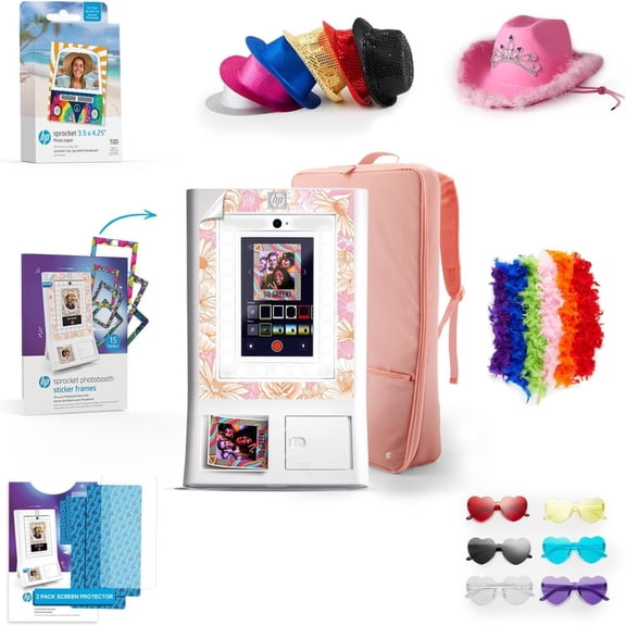 HP Sprocket Photo Booth Printer Bundle with 100 Zink Paper Case Props Hats (White)