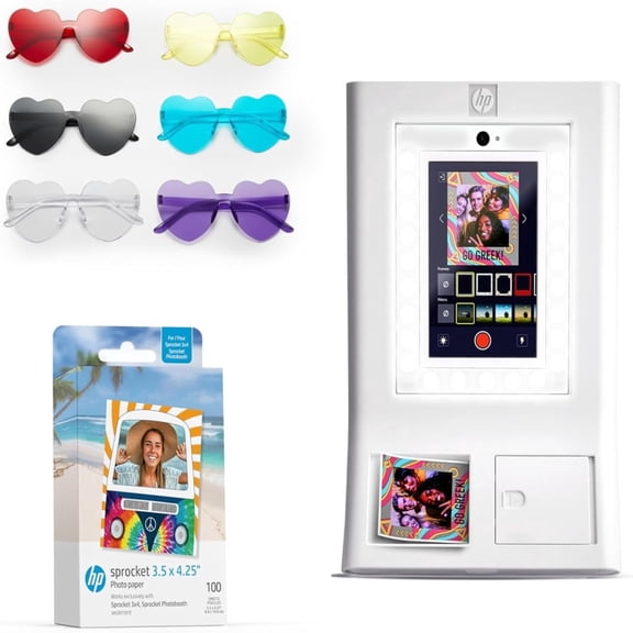 HP Sprocket Photo Booth Printer Bundle with 100 Zink Paper Colorful Heart Glasses (White)