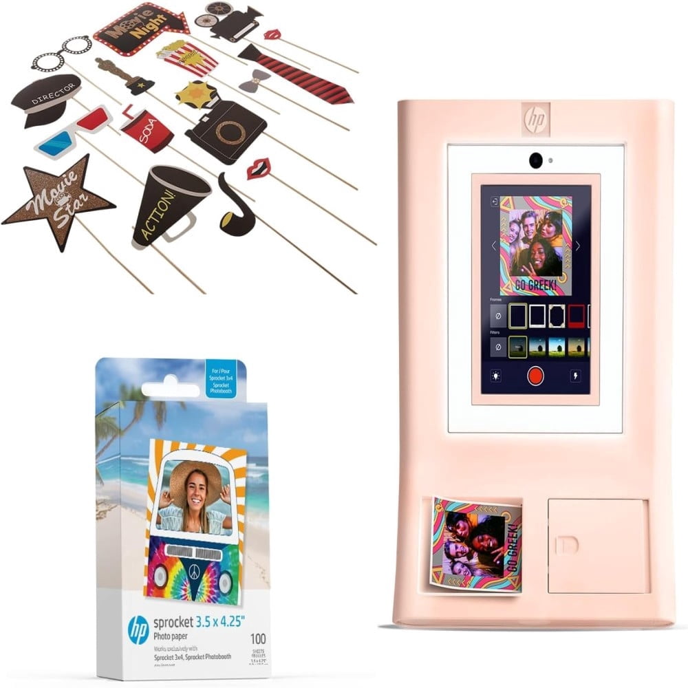 HP Sprocket Photo Booth Instant Printer Kit (Pink), 100 Zink Paper, 15pcs Hollywood Props