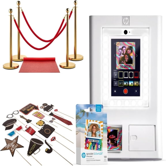HP Sprocket Photo Booth Printer Bundle with 100 Zink Paper Red Carpet Hollywood Props (White)