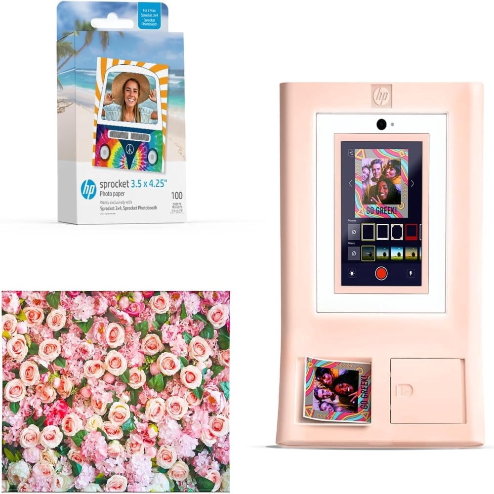 HP Sprocket Photo Booth Printer Kit (Pink), Color Instant Prints, 100 Zink Paper, Roses Photo Backdrop