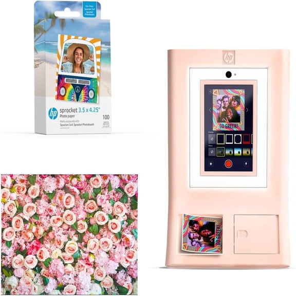 HP Sprocket Photo Booth Printer Kit (Pink), Color Instant Prints, 100 Zink Paper, Roses Photo Backdrop