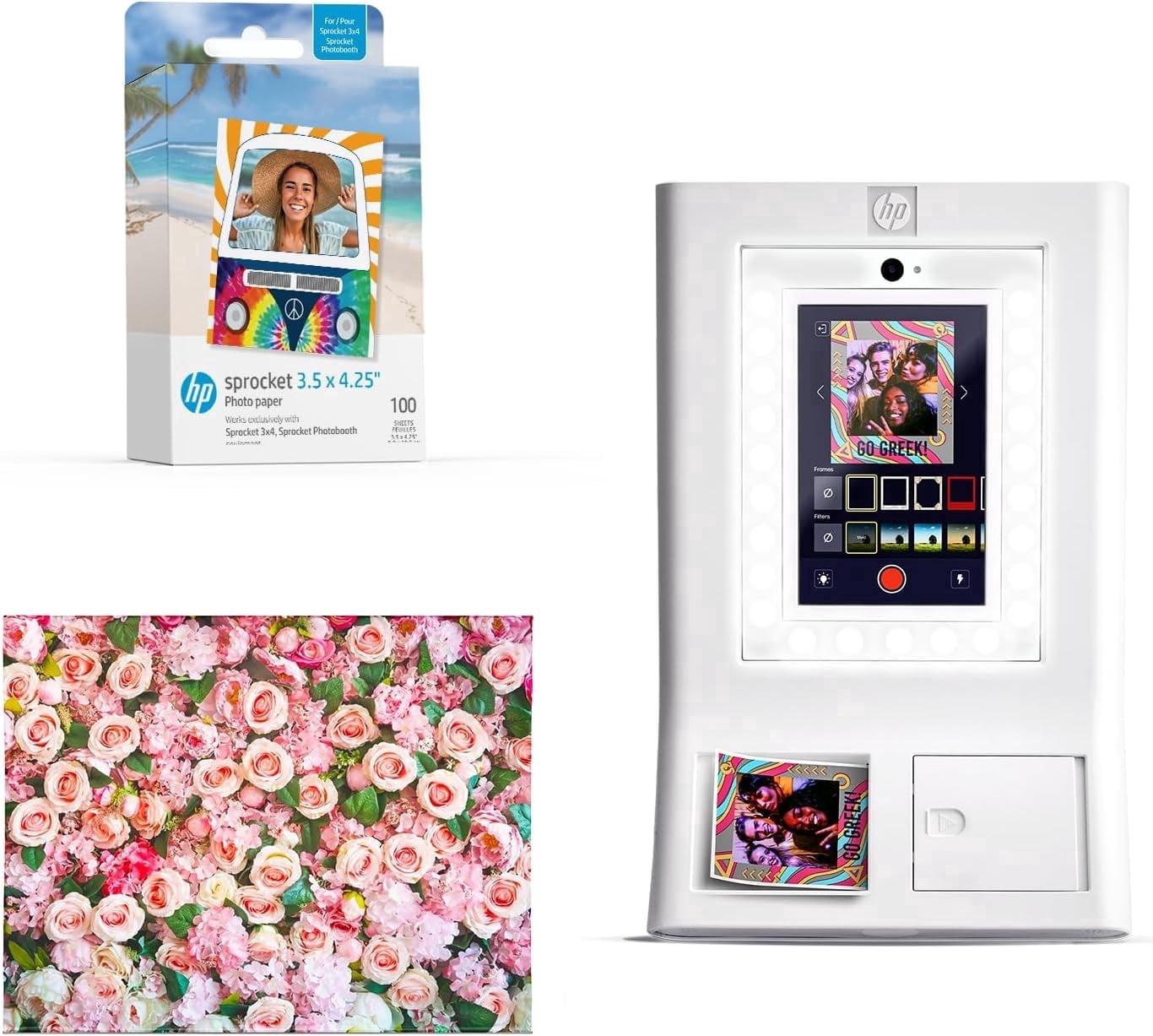 HP Sprocket Photo Booth Printer Kit (White), Color Instant Prints, 100 Zink Paper, Roses Photo Backdrop