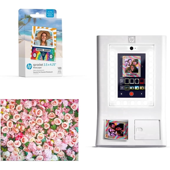 HP Sprocket Photo Booth Printer Kit (White), Color Instant Prints, 100 Zink Paper, Roses Photo Backdrop