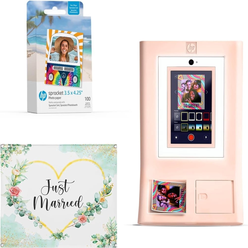 HP Sprocket Photo Booth Printer Bundle with 100 Zink Paper Wedding Backdrop (Pink)