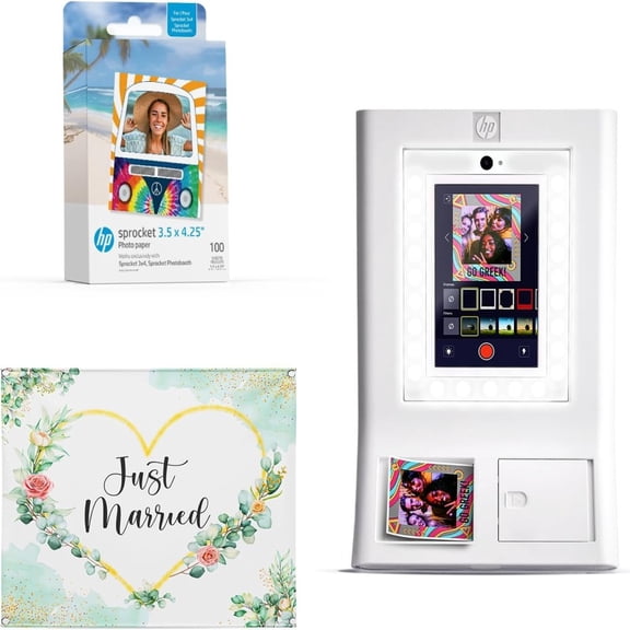 HP Sprocket Photo Booth Printer Bundle with 100 Zink Paper and Wedding Backdrop (White)