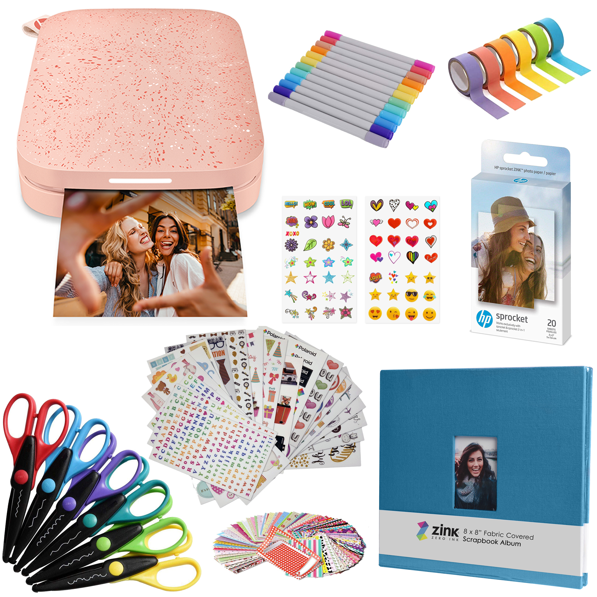 HP Sprocket 2x3 Instant Photo Printer, ZINK Printing Technology, Bluetooth Wireless, Pink, Deluxe Craft Bundle