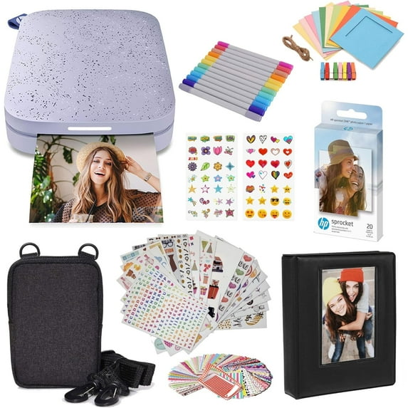HP Sprocket 2x3 Instant Photo Printer, ZINK Printing Technology, Bluetooth Wireless, Lilac, Deluxe Bundle