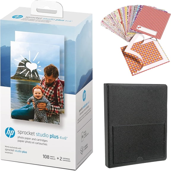 HP Sprocket Studio Plus 4x6 WiFi Photo Printer Bundle with 108 Sheets & 2 Cartridges (White)