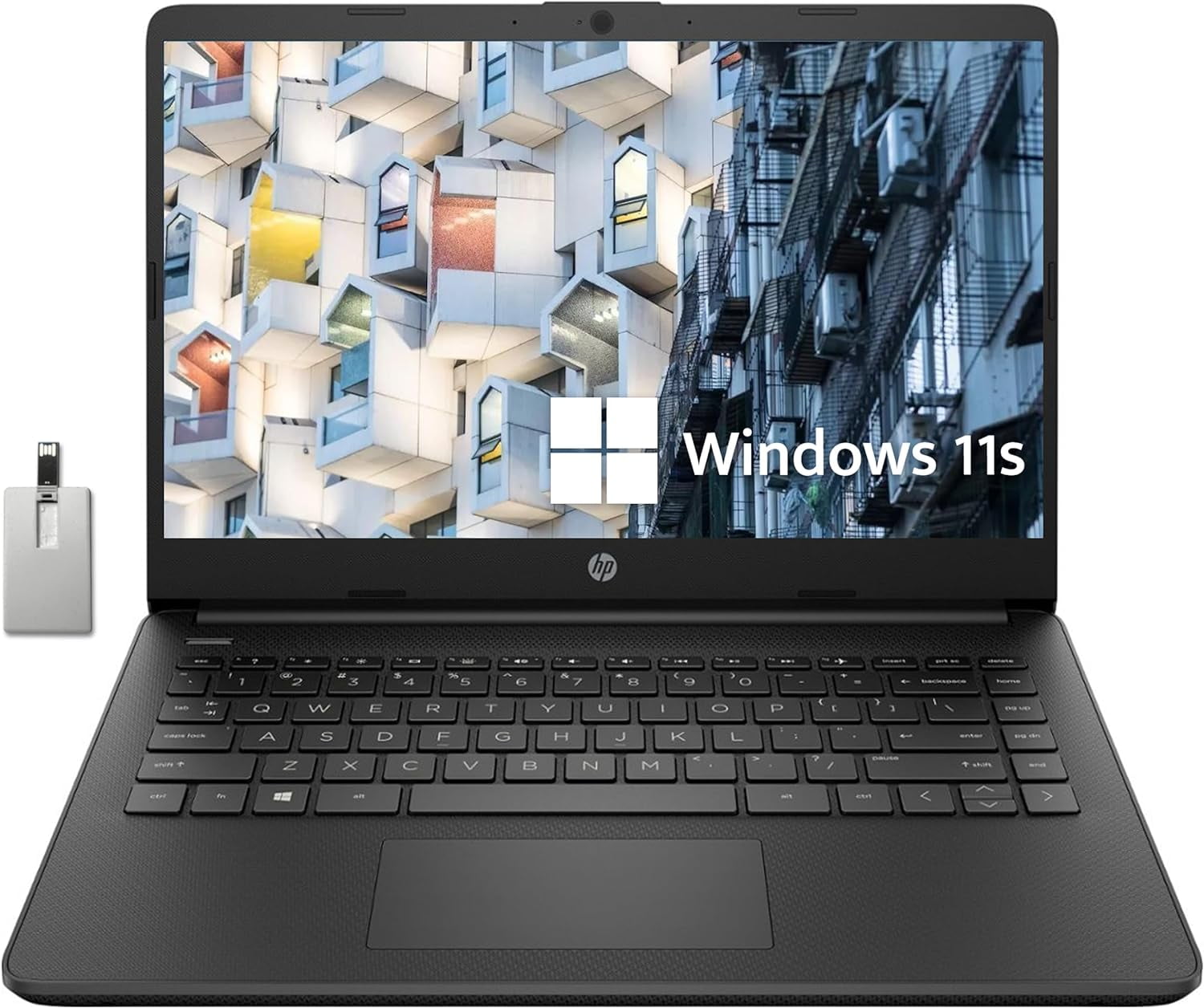HP Stream 14" HD BrightView Laptop, Intel Celeron N4120, 8GB RAM, 64GB SSD, Intel HD Graphics, 720p Webcam, 1 Year Office 365, Black, Win 11 S, 32GB Hotface USB Card