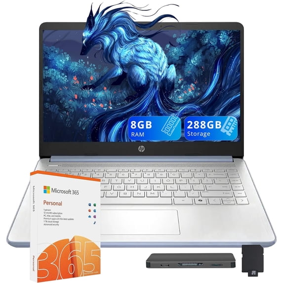 HP Stream 14" HD Laptop, Intel Processor N150, 8GB RAM, 288GB Storage(128GB SSD+160GB Docking Station Set), Intel Graphics, 1 Year Office 365, Copilot, Fast Charge, Wi-Fi 6, Win 11 S, Blue