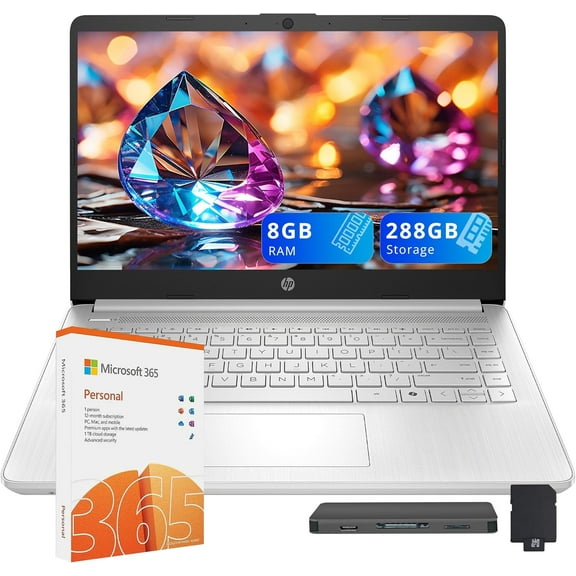HP 14" HD Anti-Glare Laptop, Intel Processor N150, 8GB RAM, 288GB Storage(128GB SSD+160GB Docking Station Set), Intel Graphics, 1 Year Office 365, Fast Charge, Wi-Fi 6, Win 11 S, Silver
