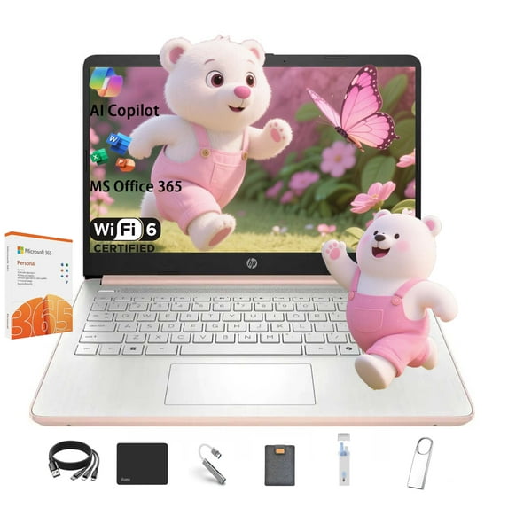 HP Stream 14 Student Business Laptop, Intel N150 Processor(Quad-core), 32GB RAM, 384GB Storage (128GB UFS+256GB MSD), Microsoft Office 365, Copilot AI, 1TB Cloud Storage, Rose Gold, with 5ave Kit